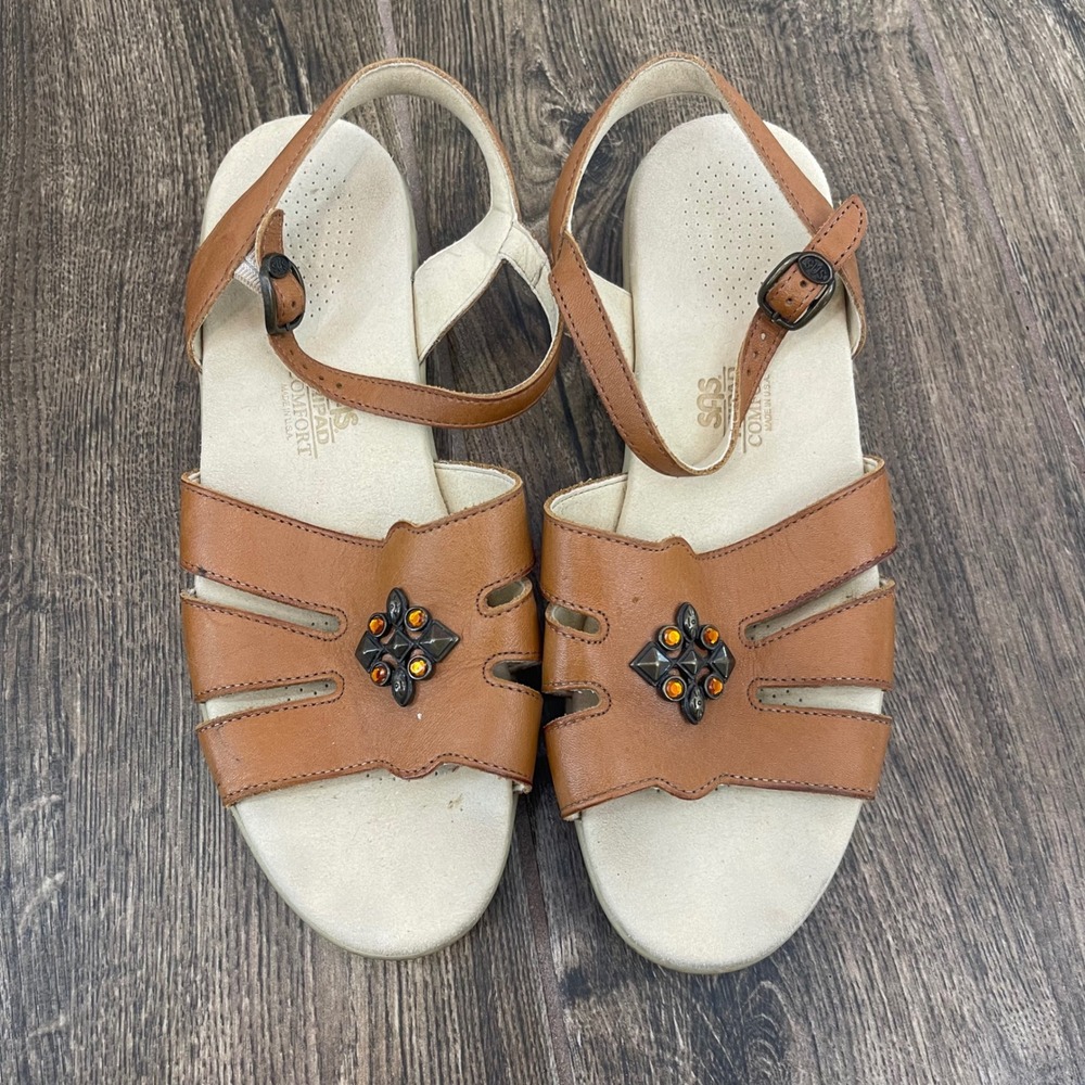 SAS Tripad Comfort Women 10.5 Brown Leather Sandals Embellished‎ Jewel Orange